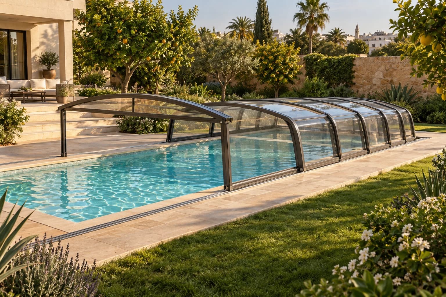Modules coulissants d’un abri de piscine ouverts dans un jardin à Rabat