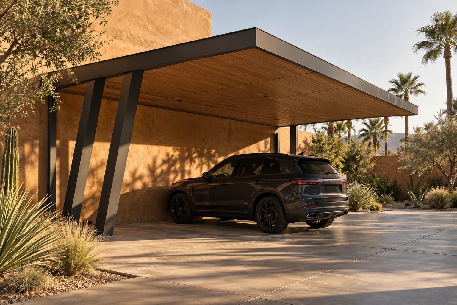 Carport aluminium en porte-à-faux avec sous-face bois à Marrakech