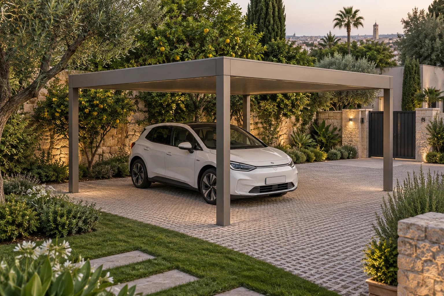 Carport aluminium intégré dans le jardin d’une villa à Rabat
