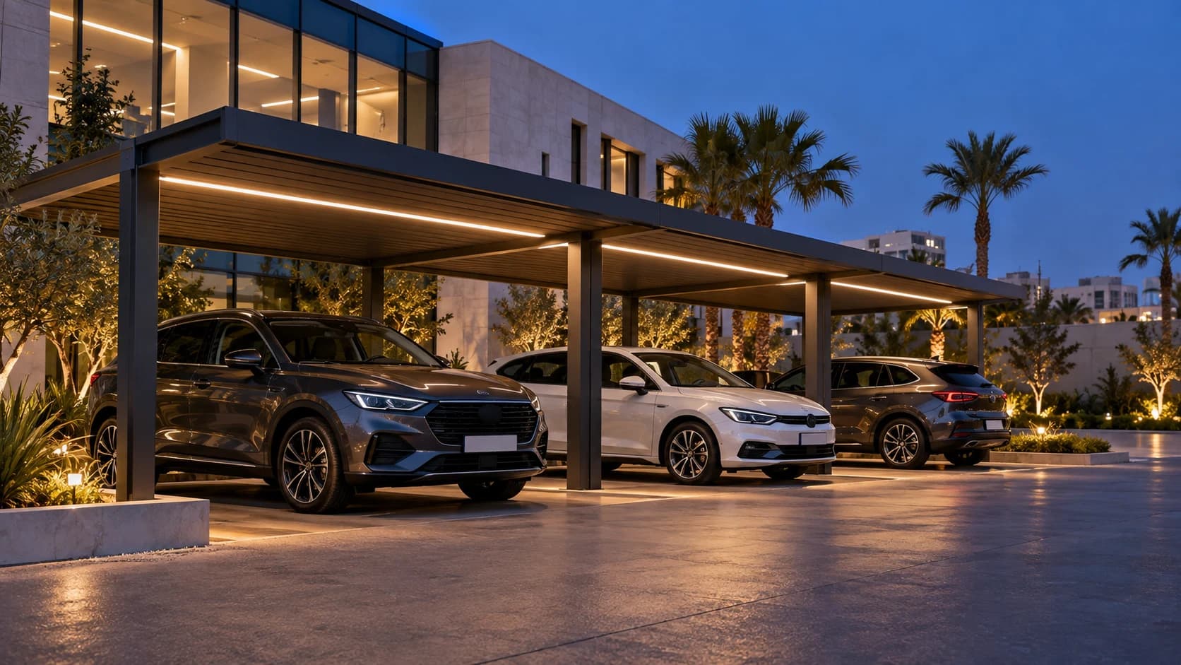 Carports aluminium modulaires éclairés sur un parking professionnel à Casablanca
