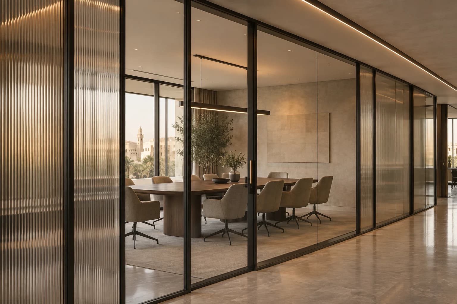 Salle de réunion avec cloisons Slim en verre clair et cannelé à Rabat