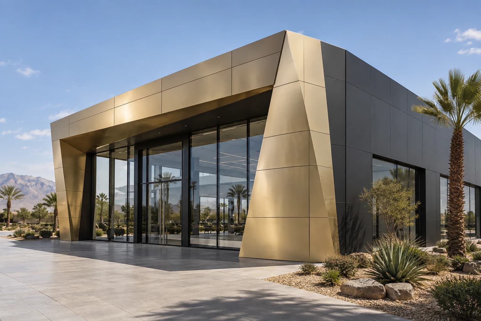 Showroom habillé de panneaux aluminium champagne et anthracite à Marrakech
