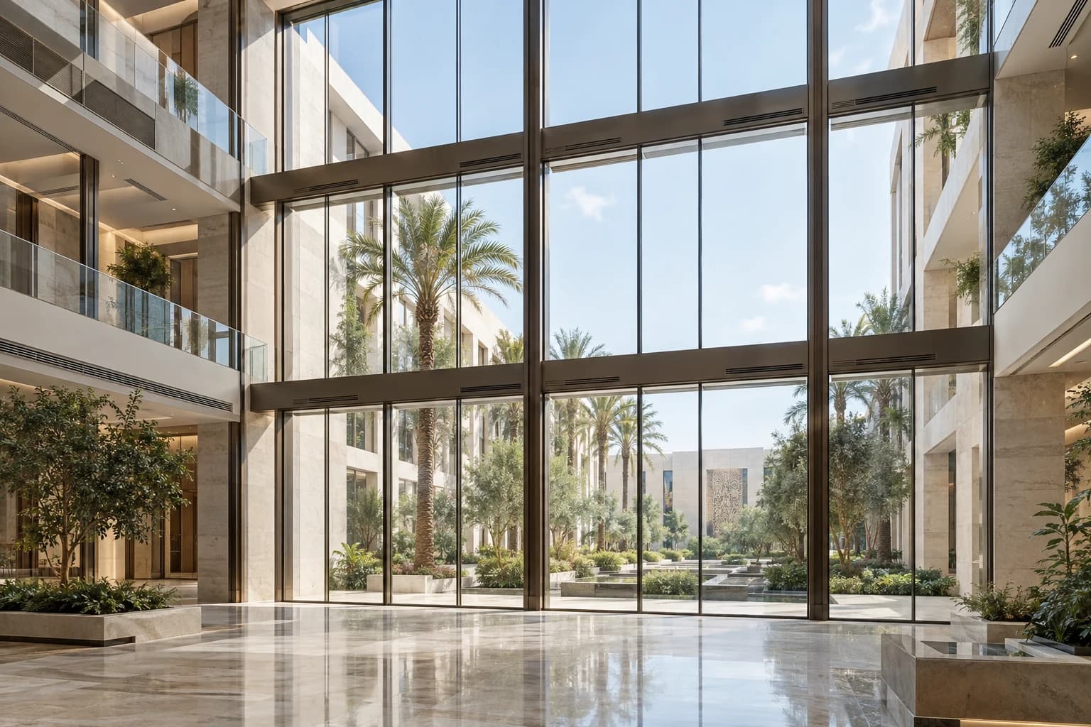Vue intérieure d’un atrium lumineux derrière un mur rideau à Rabat