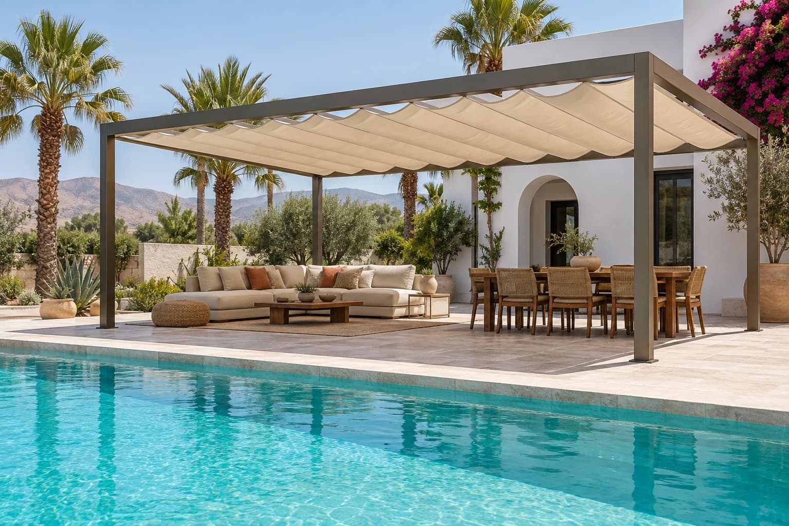 Pergola à toile ondulée au bord d’une piscine près d’Agadir