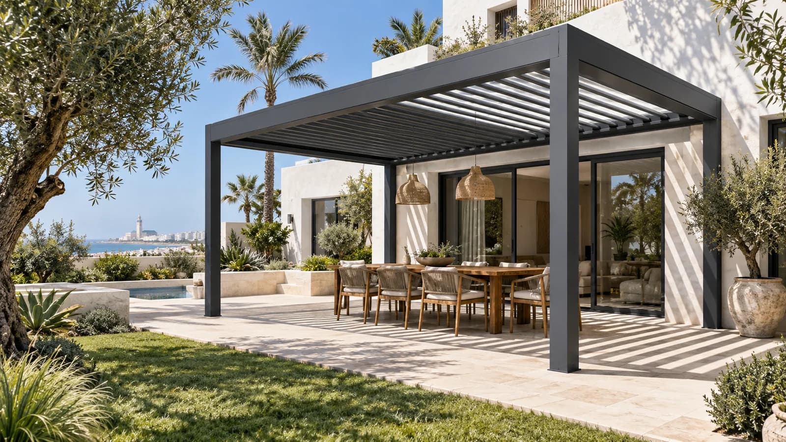 Pergola bioclimatique anthracite aux lames orientées sur une terrasse à Casablanca