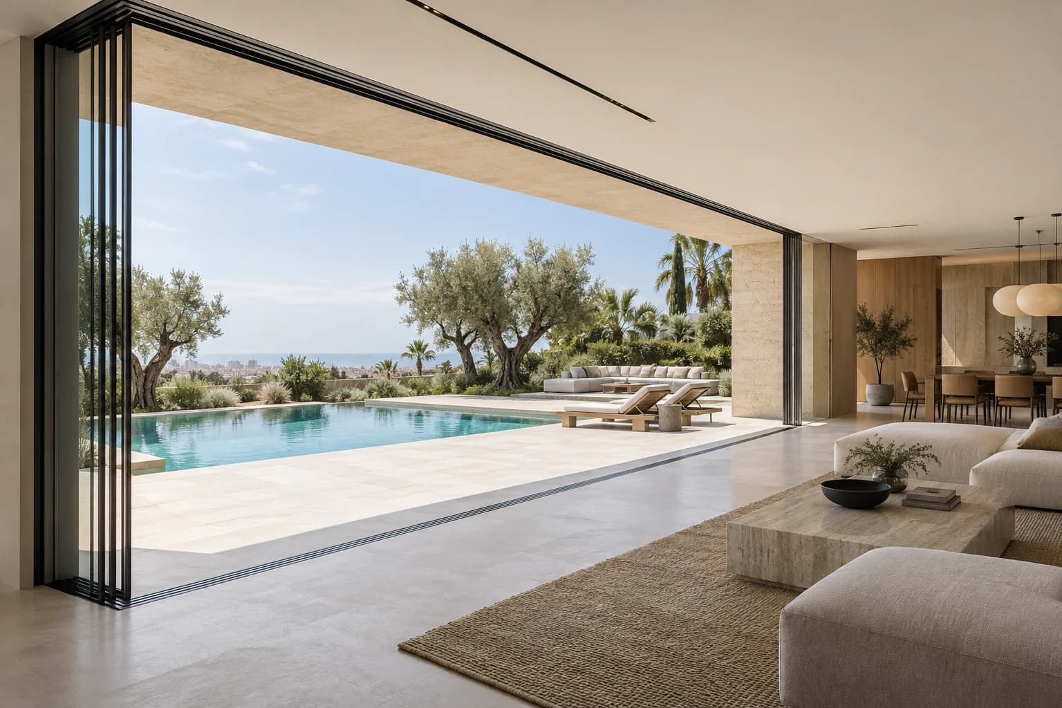 Baie coulissante Slim entièrement ouverte sur une terrasse avec piscine à Casablanca