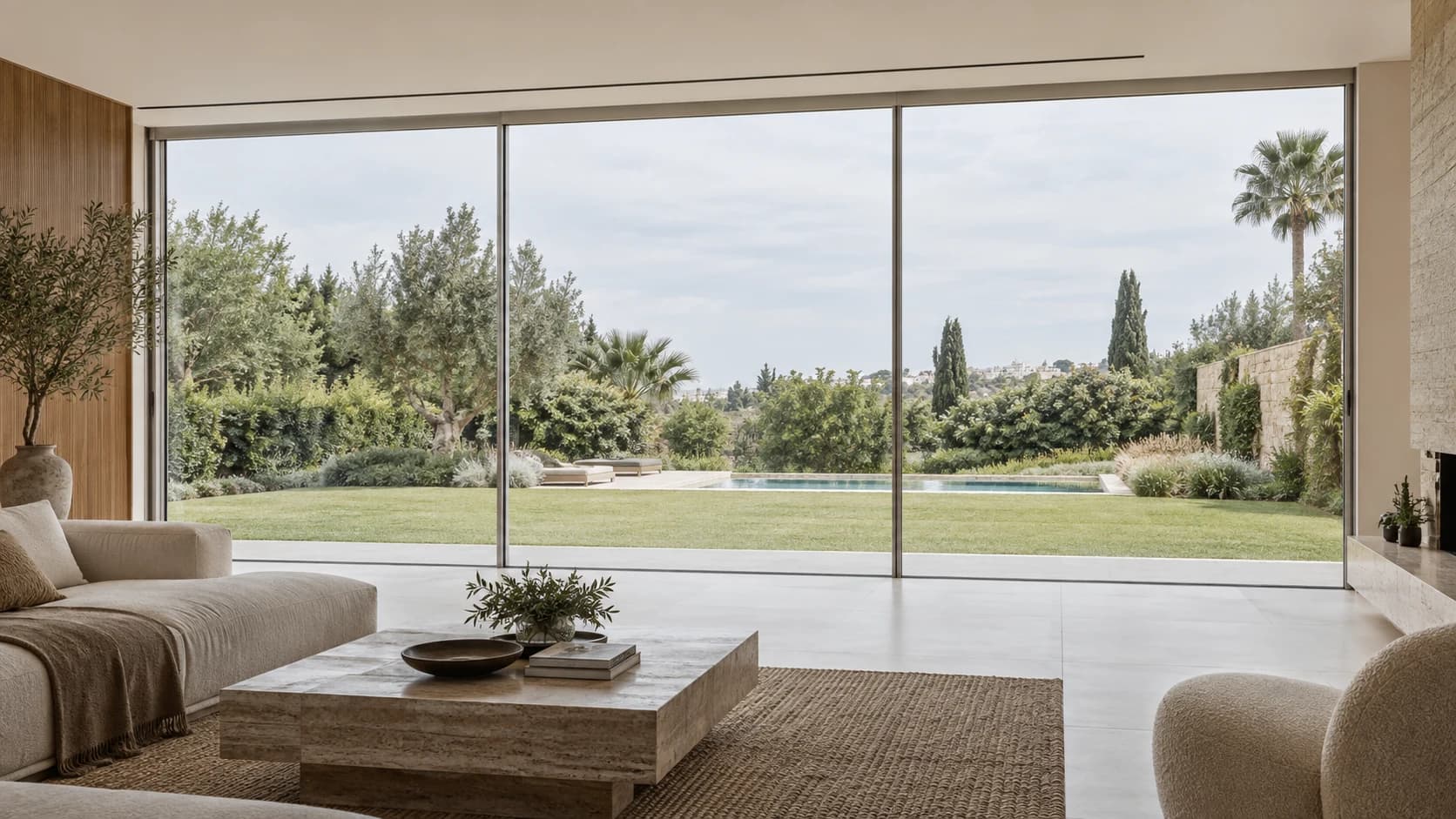 Façade vitrée coulissante Slim fermée avec vue panoramique sur un jardin à Rabat