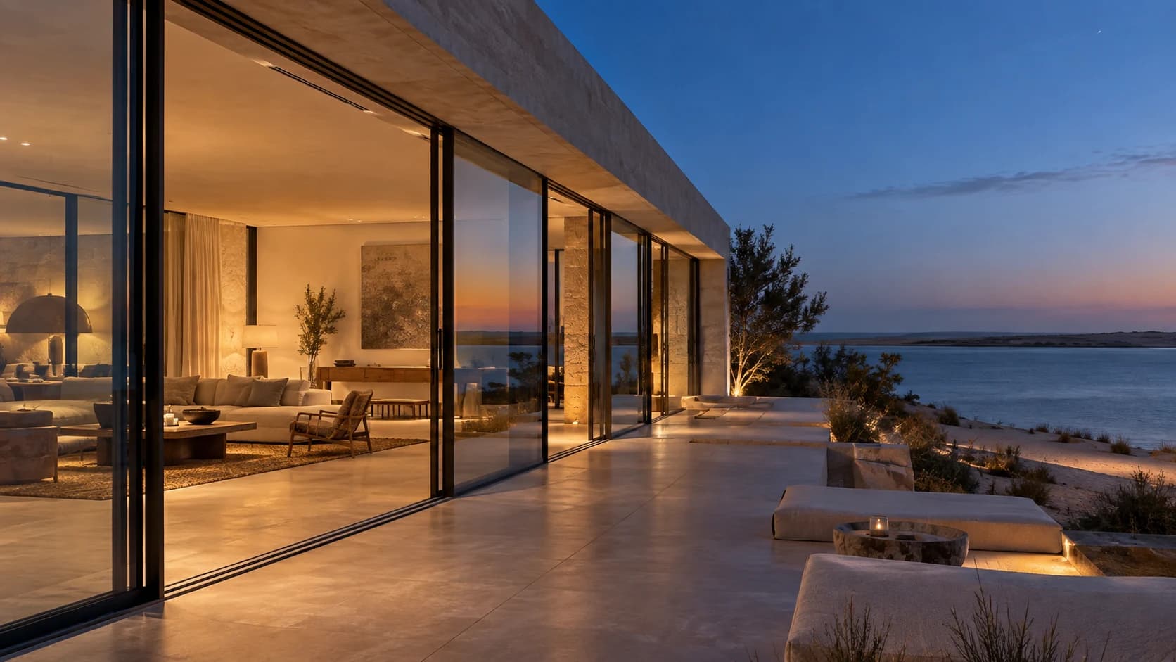 Façade coulissante Slim éclairée au crépuscule face à la lagune de Dakhla