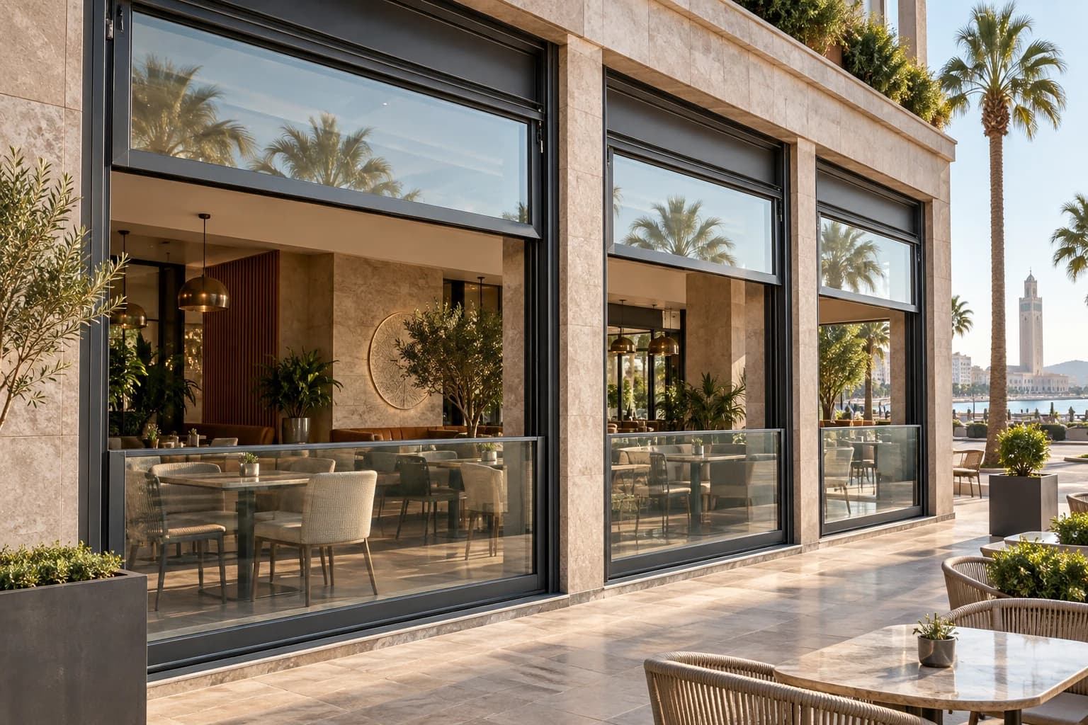 Vitrages guillotine motorisés à mi-hauteur sur la terrasse d’un café à Casablanca