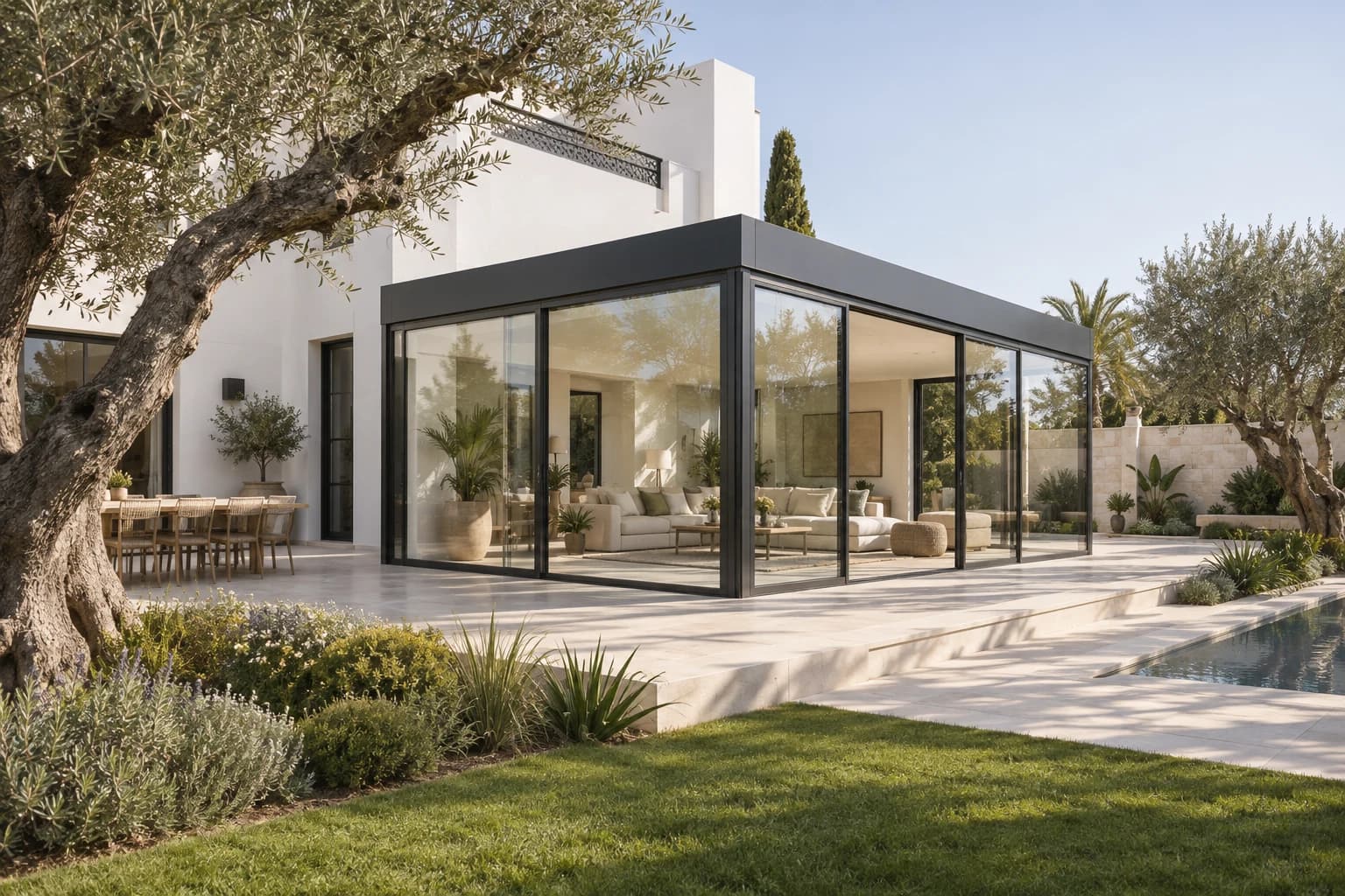 Cube en verre contemporain prolongeant une villa avec jardin à Casablanca
