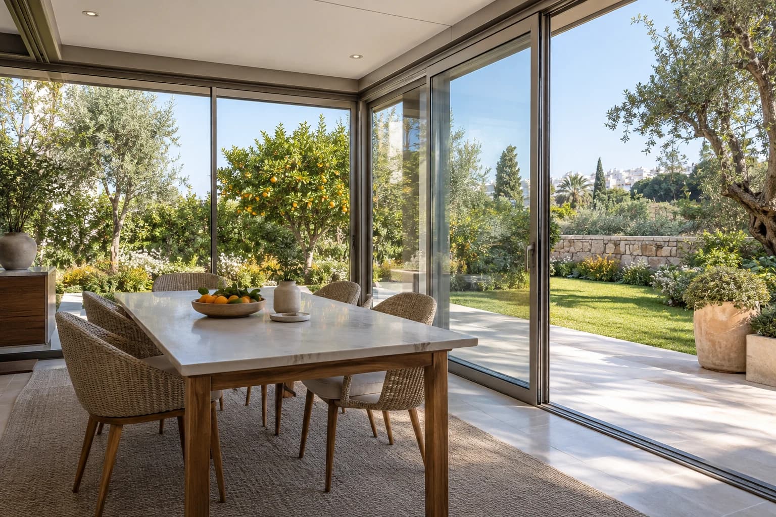 Vue intérieure d’une véranda vitrée ouverte sur un jardin à Rabat