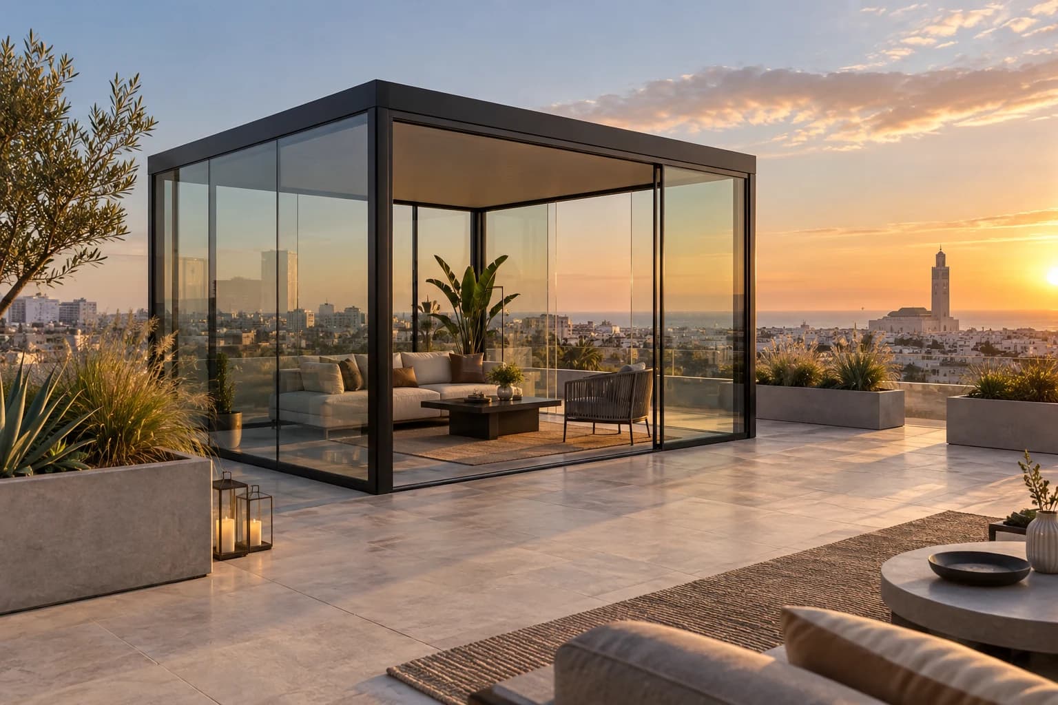 Cube en verre compact aménagé sur un rooftop à Casablanca