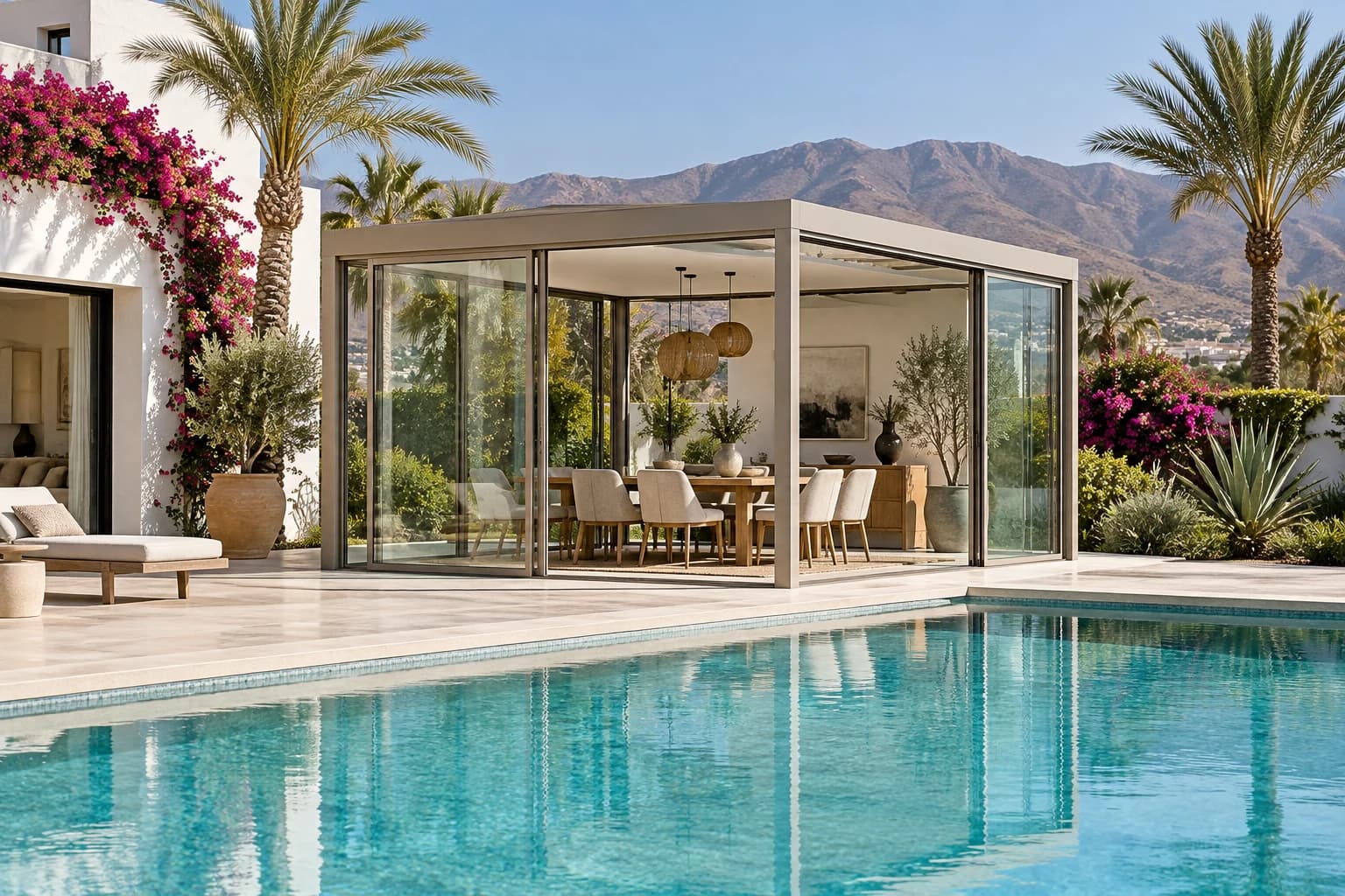 Pavillon vitré avec salle à manger au bord d’une piscine près d’Agadir
