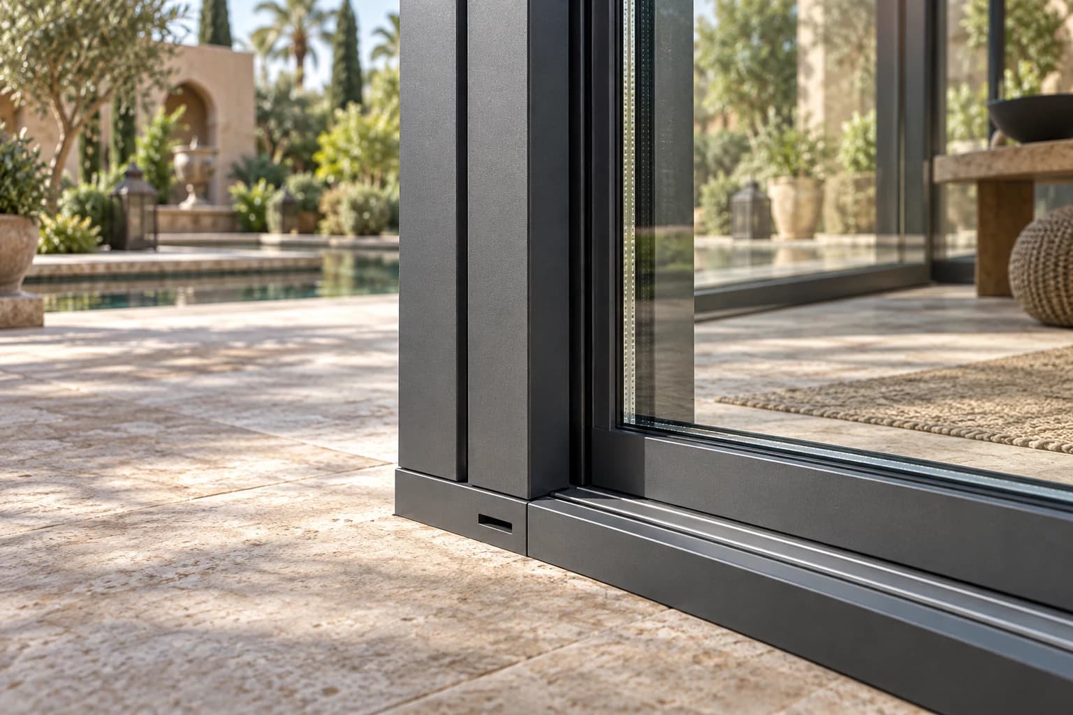 Détail des profilés aluminium et du double vitrage d’une véranda