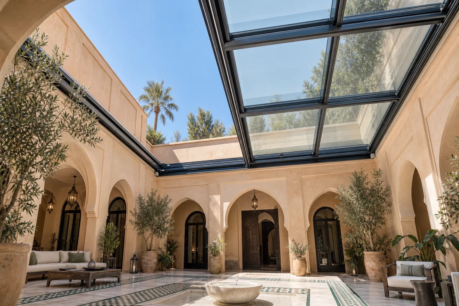 Toit vitré coulissant partiellement ouvert au-dessus d’un riad à Marrakech