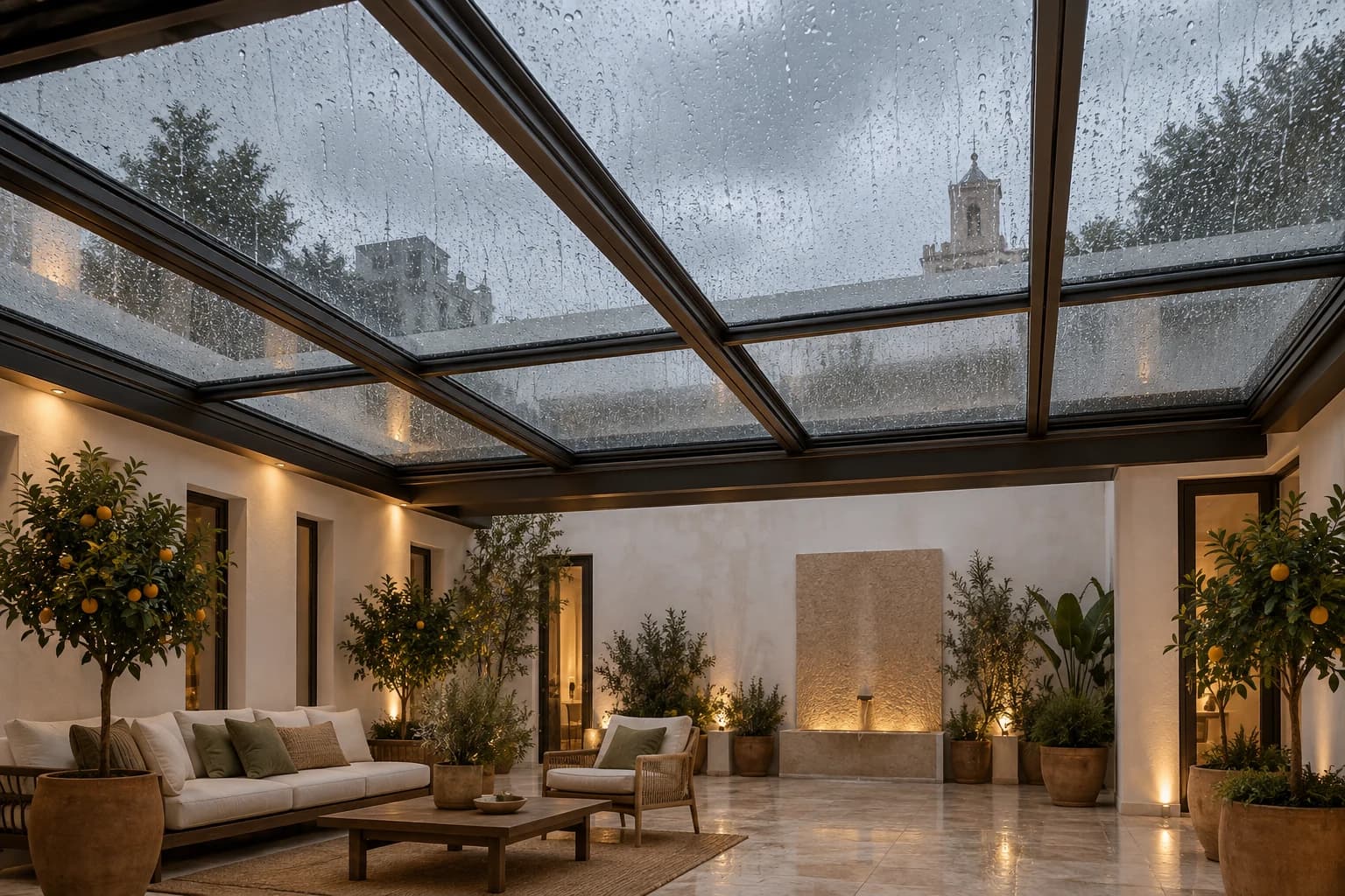Toit coulissant en verre fermé protégeant un patio pendant la pluie à Rabat