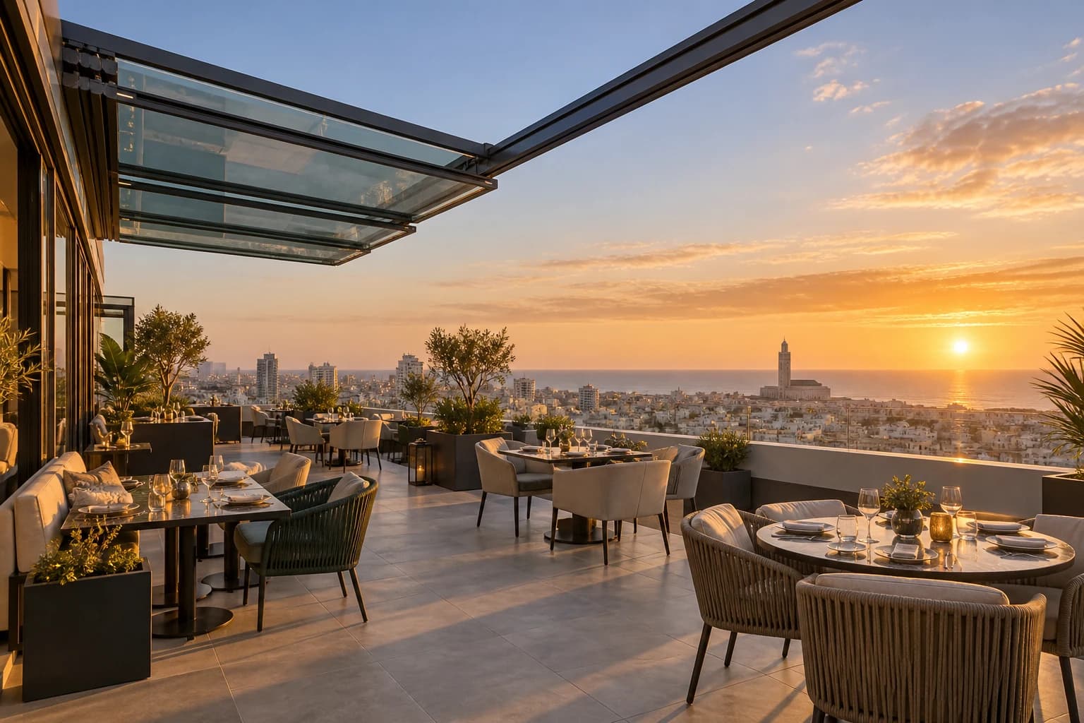 Toit vitré rétractable ouvert sur une terrasse de restaurant à Casablanca