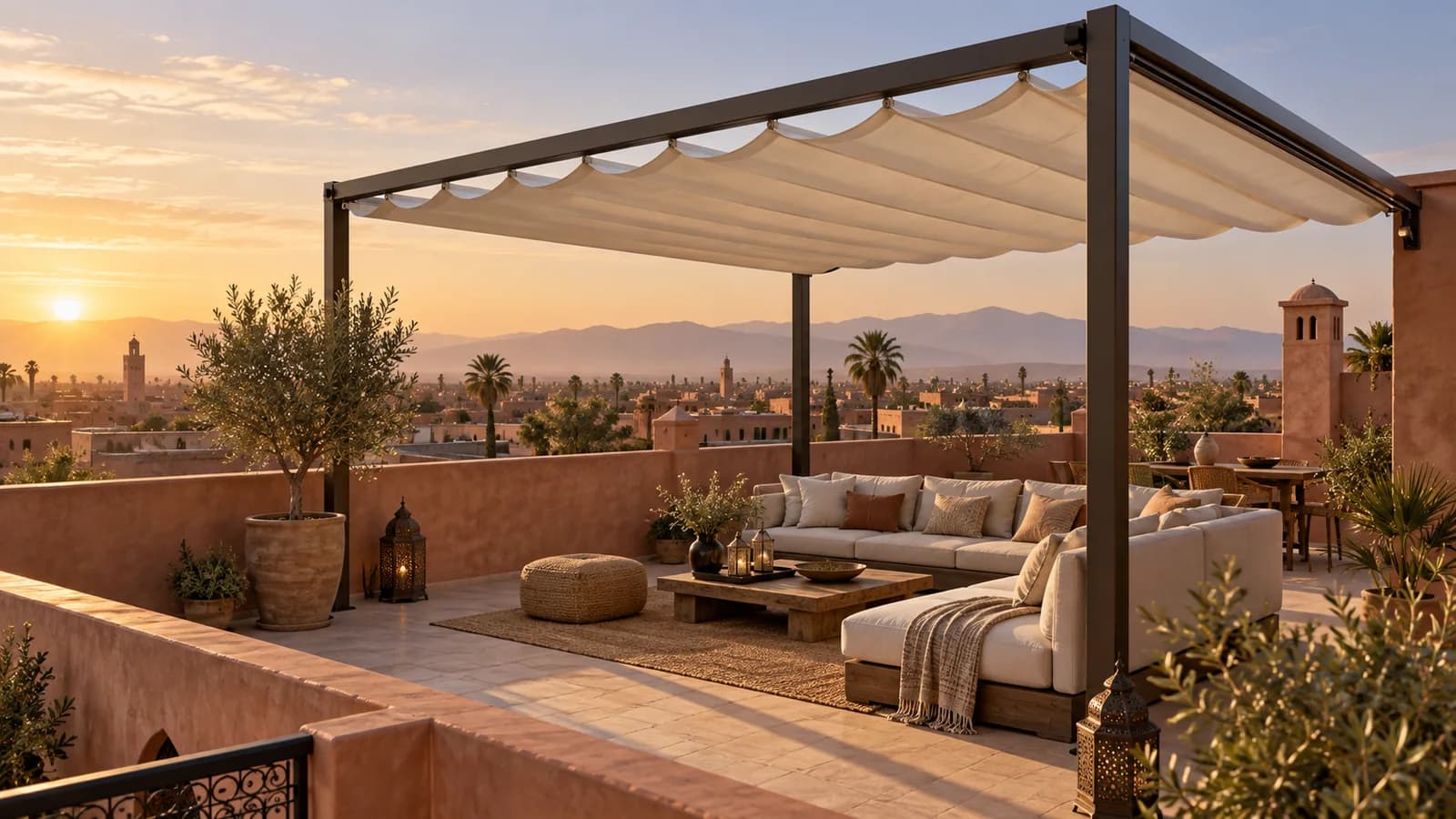 Pergola à bâche rétractable sur une terrasse de riad à Marrakech