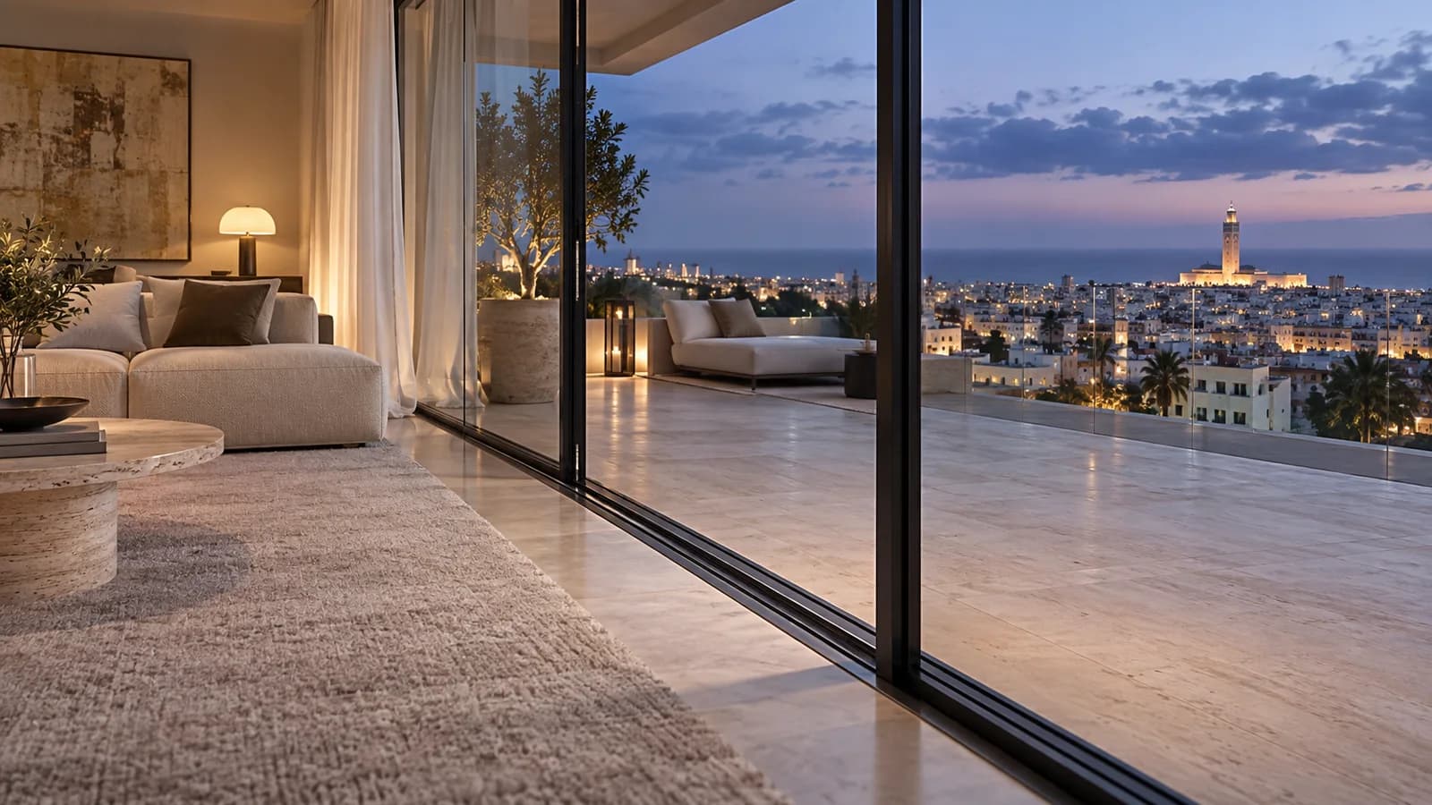 Baies vitrées coulissantes Slim ouvertes sur une terrasse avec vue sur Casablanca