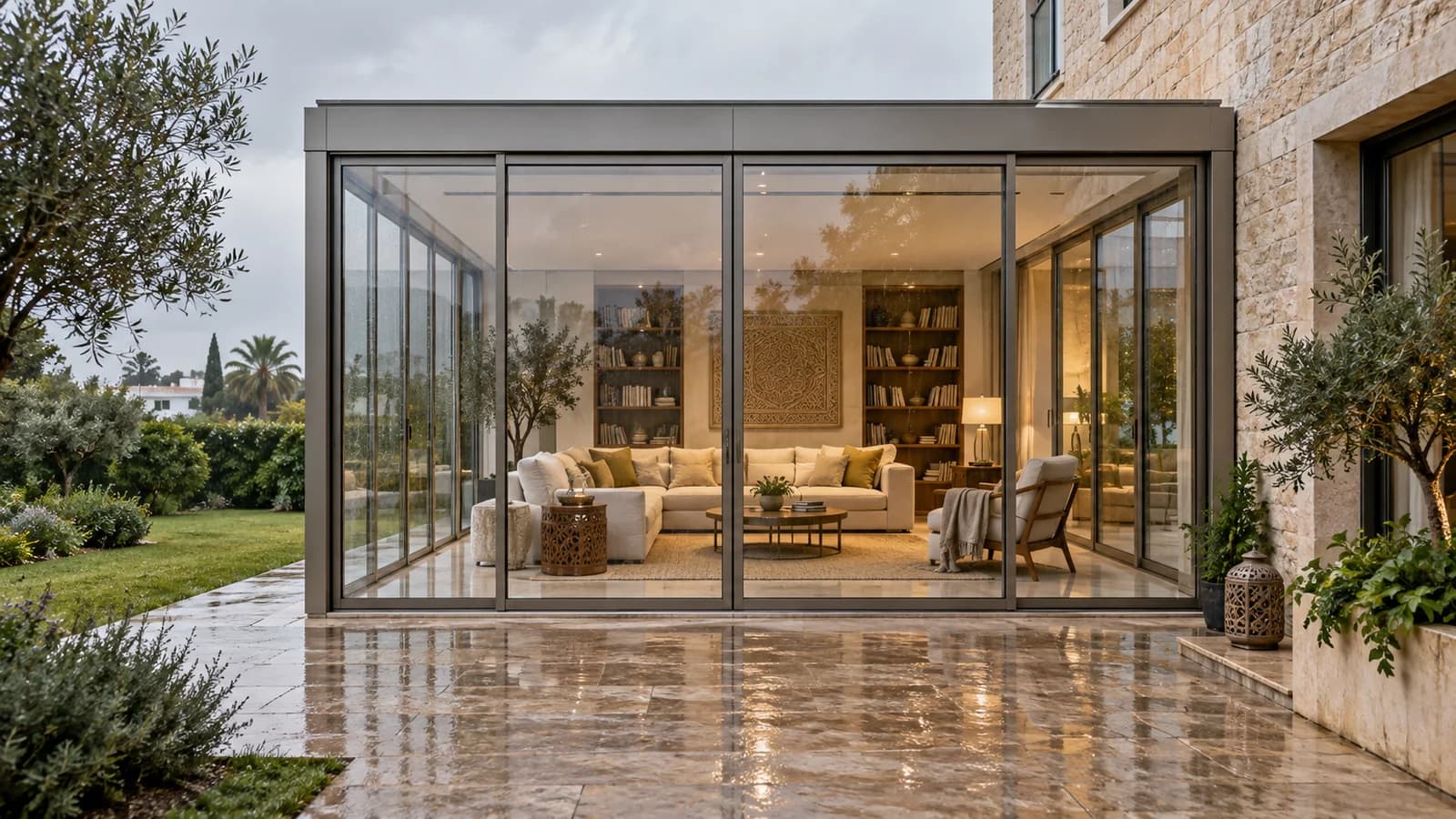 Cube en verre contemporain prolongeant une villa avec vue sur le jardin