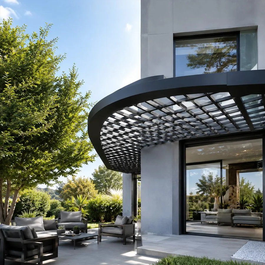 Auvent aluminium à lames épousant la façade vitrée d’une villa
